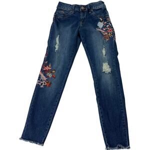 YMI Juniors Sz 5 90s Y2K Embroidered Floral Raw Hem Ankle Skinny Stretch Jeans